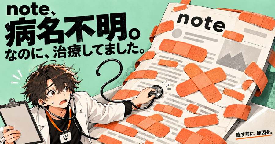 「note、病名不明。なのに、治療してました。」と書かれたバナー。白衣姿のキャラクター