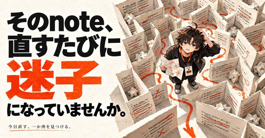 「そのnote、直すたびに迷子になっていませんか。」と書かれたバナー。紙の迷路で頭をかくキャラクター