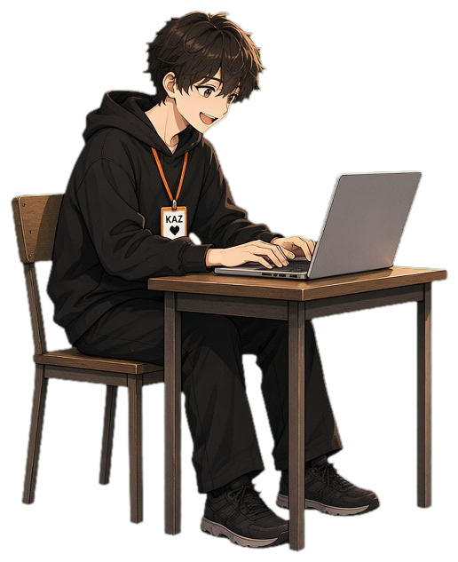 背筋を伸ばし笑顔でノートPCに向かうキャラクター(AI生成)